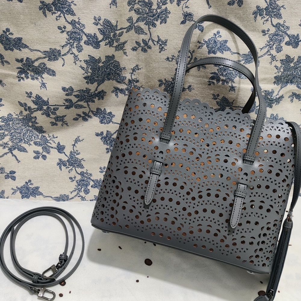 Alaïa Gray Laser-Cut Scallop Tote with Detachable Strap